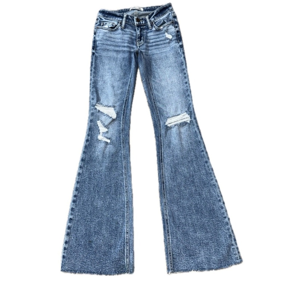 BKE BUCKLE Stella Low Rise Flare Blue Jeans Whiskered Distressed Women's 23X34
